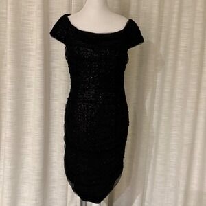 Lauren Ralph Lauren Evening Dress Black Sequin‎ Bodycon Off-Shoulder Size 8